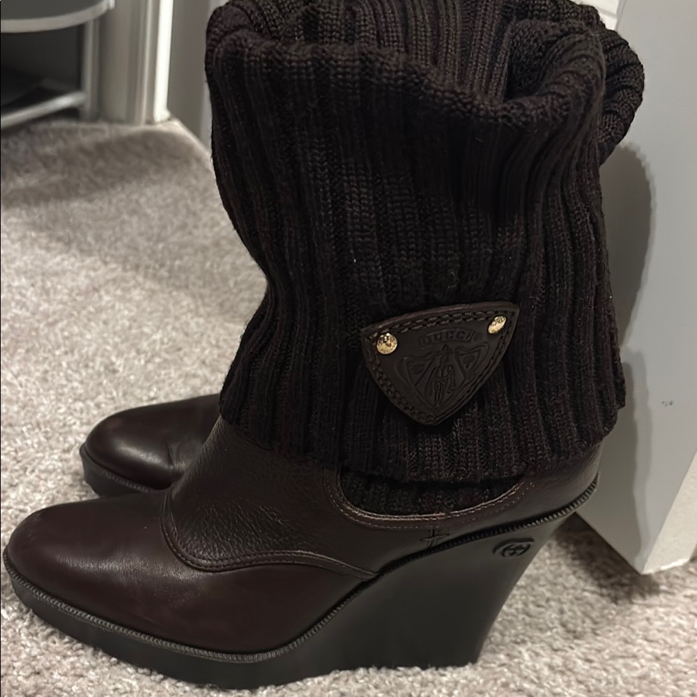 Gucci Brown Wedge Boots with High Heel and Stylish Knitted Upper